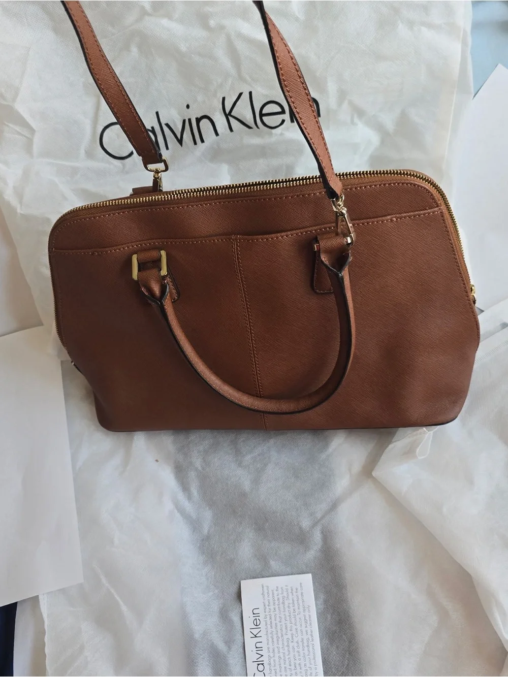 NWT Calvin Klein Cognac Brown Leather Satchel with Gold-Tone Hardware